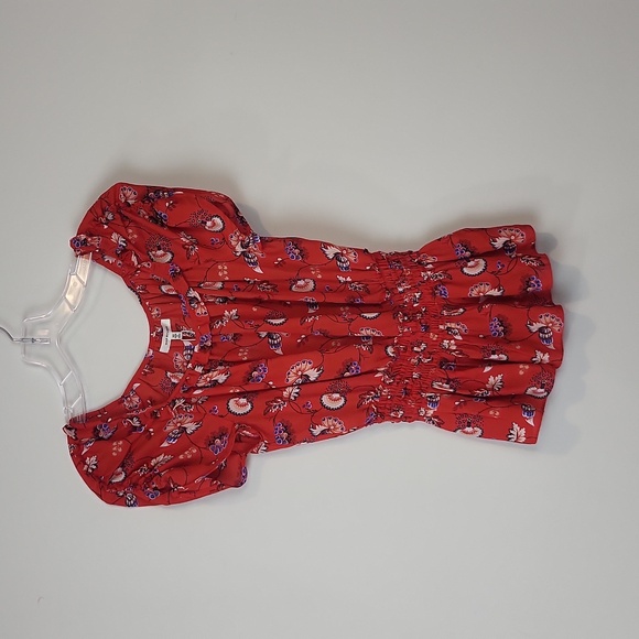 MAX STUDIO Red Floral Ruched Short Sleeve Smocked Waist Lightweight Blouse - Picture 1 of 10